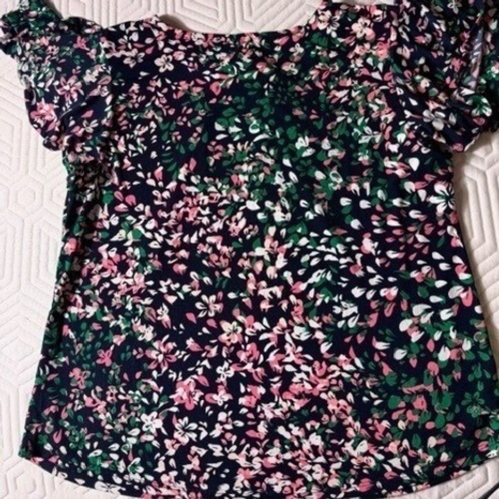 Liz Claiborne Blue Blouse w/floral Print Short Sleeve Top Size‎ Large - Picture 9 of 11